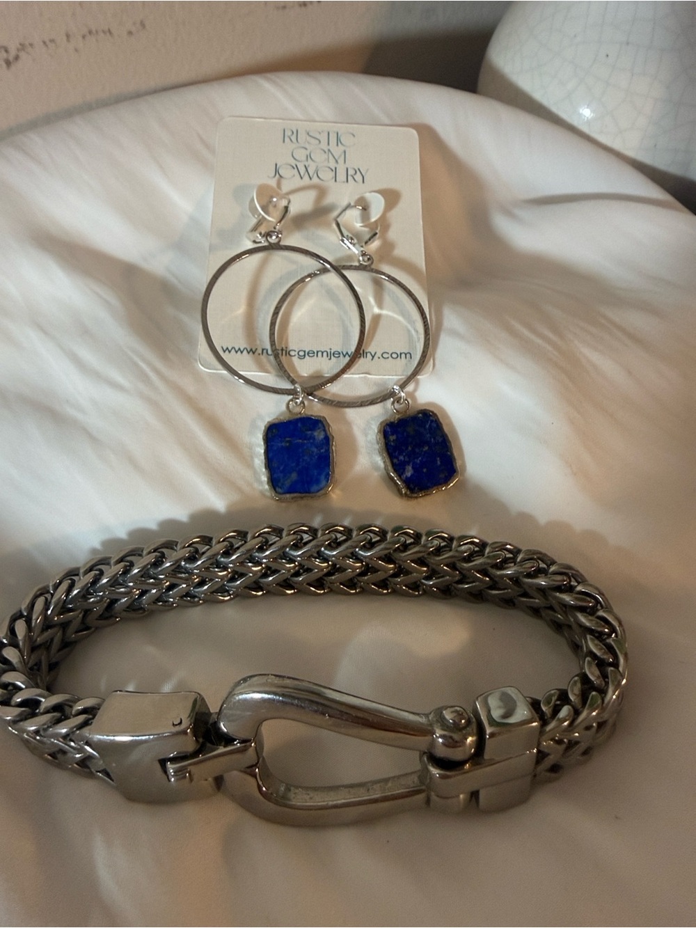 RUSTIC Gems- Lapis Stone Hoop Earrings & HorseBit Cable Bracelet